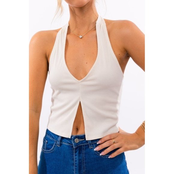 LE LIS OPEN FRONT HALTER TOP WHITE - Picture 5 of 9